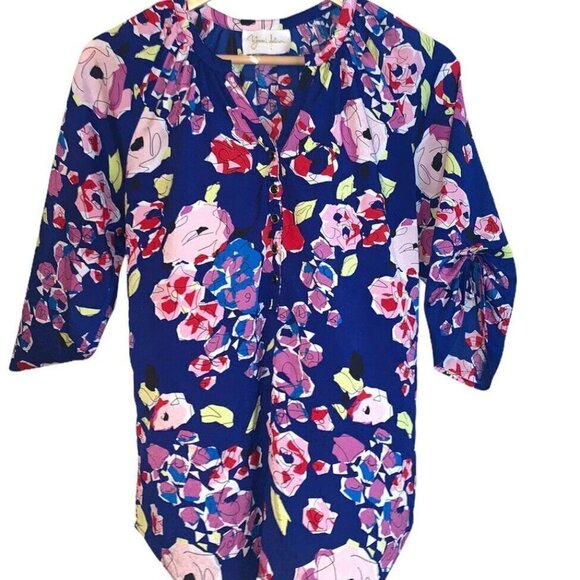 Yumi Kim Multi Color Floral 3/4 Roll Tab Sleeve Button Up Blouse Size Small - Picture 1 of 8